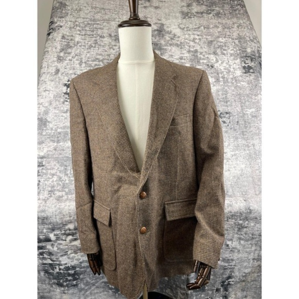 Vtg J.J. Cochran Basketweave Tweed‎ Blazer 42R M Hopsack Tonal Weave Beige Brown
